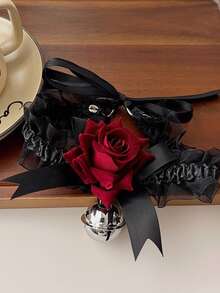 1件哥特风项链，洛丽塔黑色蝴蝶结红色玫瑰铃铛吊坠项链，女士蕾丝颈链 - 黑色 - 查看 12