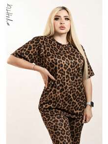 Conjunto de 2 Piezas Oversize Unicolor para Dama Mujer Amplio y Holgado de Blusa de Cuello Redondo Unicolor con Manga Corta y Hombros Caídos Cómoda y Pantalón Oversize Holgado Unicolor Sin Bolsillos Moda Otoño Primavera y Verano Estilo Casual y Versatil para Todo Tipo de Ocasion - Animal Print - Ver 4