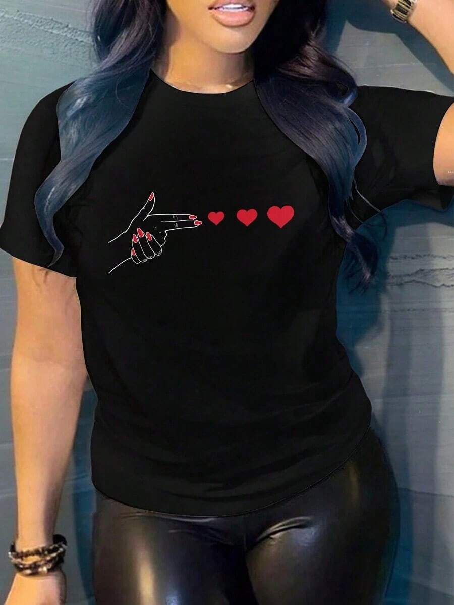 Camiseta de manga corta de cuello redondo casual con estampado de corazón para mujer, adecuada para el verano-Vintage Street Style Unisexoose Cotton Short Sleeve Crew Neck T-Shirt - Negro - Ver 1