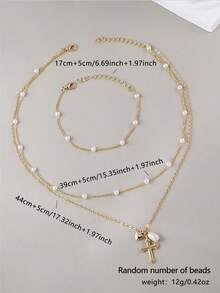 1 Set Elegant Gold Cross & Heart Pendant Faux Pearl Necklace & Bracelet Set, Suitable For Women's Dates, Parties, Music Festivals, Holiday Gifts (Pearl Quantity Random) - Yellow Gold - View 6
