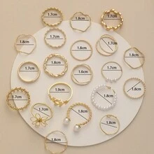 20件套波西米亚风多关节女士戒指套装，时尚叠戴戒指套装，仿珍珠镂空花朵几何戒指，适合日常休闲、派对和度假佩戴。 - 彩色 - 查看 5