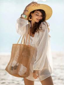 1pc Foldable Beach Tote Bag, Casual Handbag, Women's Collapsible Shoulder Bag, Suitable For Beach Picnic Vacation, Large Capacity Waterproof Beach Bag, Lightweight Foldable Beach Bag, Portable Travel Bag, Travel Essential, Multifunctional Shoulder Shopping Bag, Hollow Beach Net Handbag, Large Capacity Bathroom Swimming Storage Bag, Multifunctional Travel Toiletry Bag, Bathroom Bag And Shoulder Tote Bag, Suitable For Travel - Multicolor - View 8