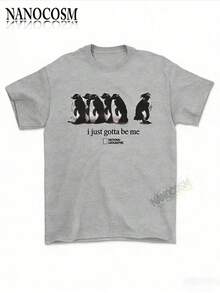 [100% Cotton] I Just Gotta Be Me National Geographic Penguin Print Shirt, Retro Streetwear Tropical, Casual Round Neck Short Sleeve Pullover Tops For - 灰色 - 查看 1