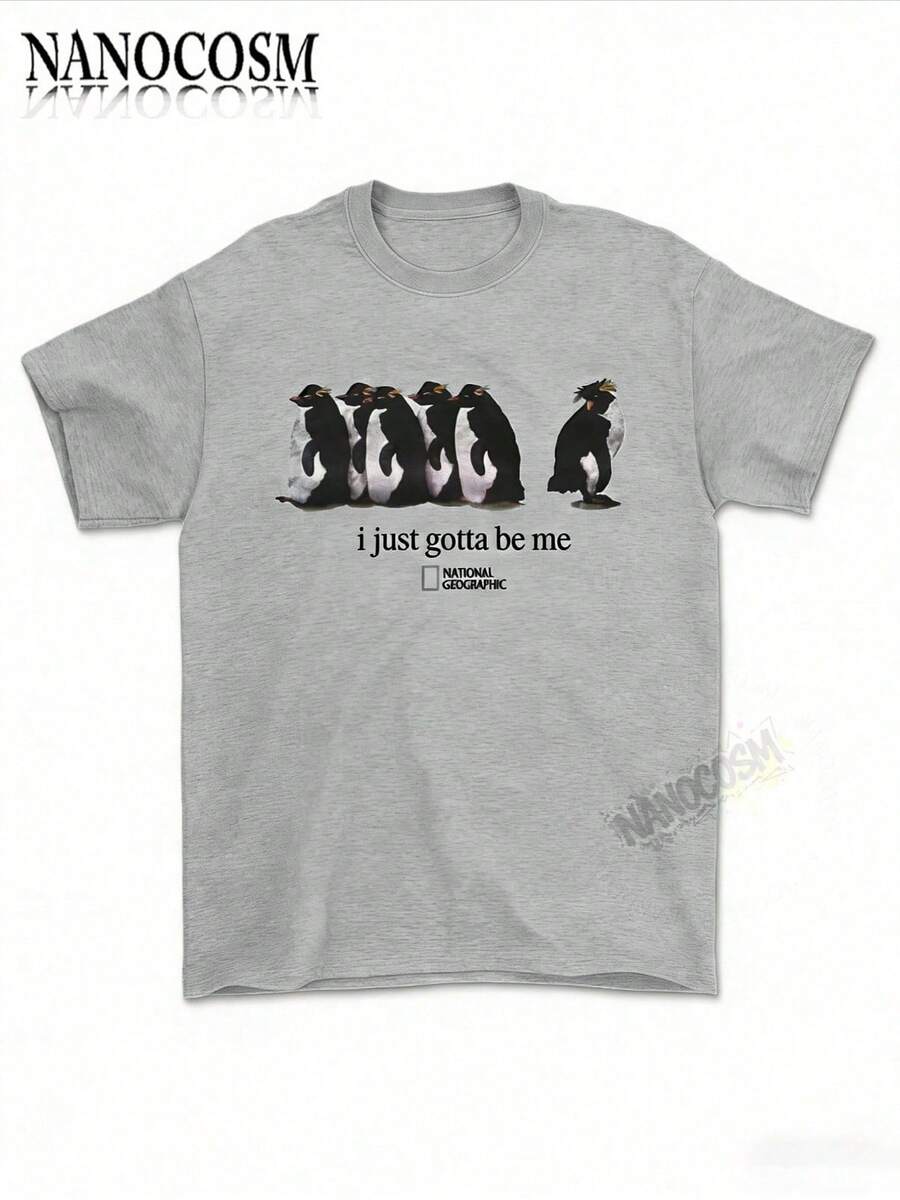 [100% Cotton] I Just Gotta Be Me National Geographic Penguin Print Shirt, Retro Streetwear Tropical, Casual Round Neck Short Sleeve Pullover Tops For - 灰色 - 查看 1