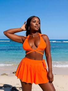 Women's Skirt Set Halter Crop Top And Mini Skirt - Sexy Two Piece Outfits Summer Streetwear Club Party Co-Ord Set Fashion Y2K Aesthetic, Summer Swimsuit Sets Suitable For Women - trái cam - Xem 2