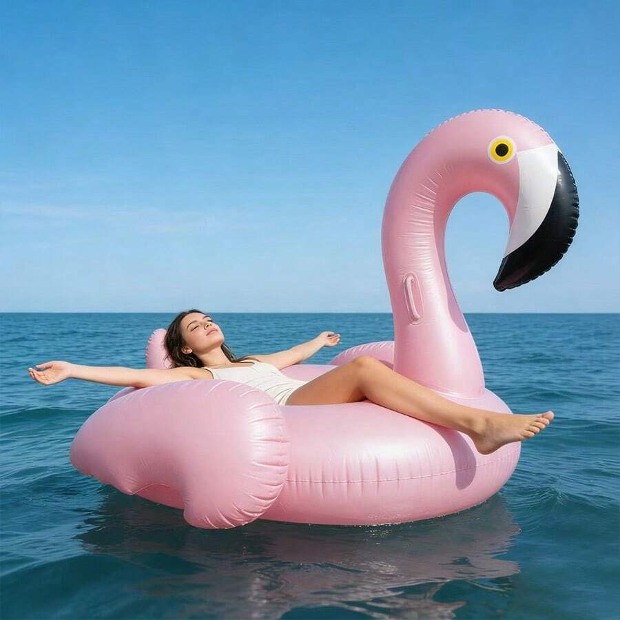 Flamingo Inflatable Pool Float, Perfect For Beach Photos, Adorable Flamingo Floating Bed, Viral Item, Pool Inflatable, Beach Essentials, Pool Float - 粉紅色火烈鳥 - 查看 1