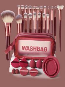 30件套化妆工具套装，包括：20支化妆刷套装+1个多功能防水拉链化妆包+2个化妆海绵+2个迷你化妆海绵+2个三角粉扑+2个气垫粉扑+1个化妆刷清洁工具 - 酒紅色 - 查看 1