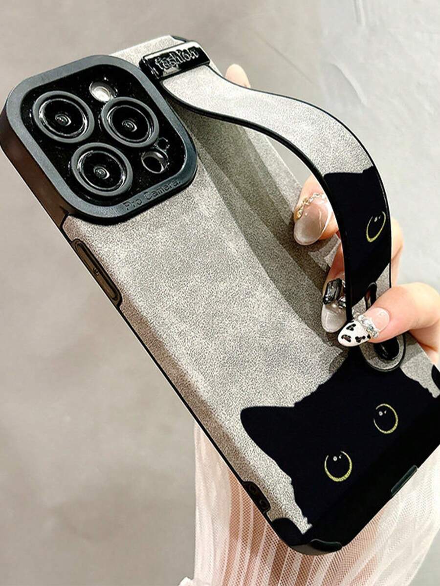 Fluffy Black Cat Wristlet Phone Case Compatible With IPhone 17 Pro Max, 16 Pro Max, 15 Pro, 14, 13, Cute & Fashionable, Spring Gift For Girls - Multicolor - View 1
