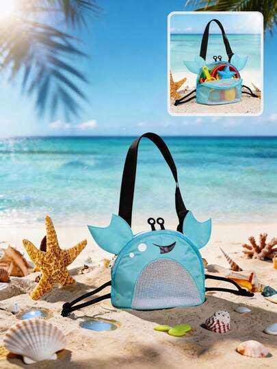 Sac de plage léger et mignon en forme de crabe en polyester, sac de rangement pour jouets - pliable, avec sangle d'épaule réglable, poche en maille, fermeture éclair - sac bandoulière multicolore en forme de coquillage