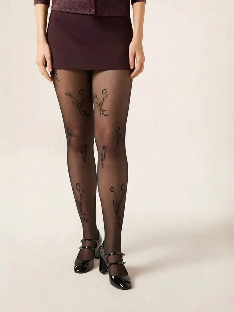 1双女士郁金香印花丝袜，性感超薄透明印花连裤袜 - 彩色 - 查看 1