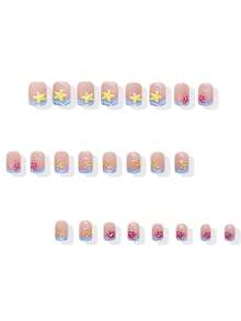 24pcs European Short Fake Nails, French Colorful Starfish & Blue Wave Pattern Wearable Nails, Full Coverage Removable Nails Suitable For Party, Ball And Daily Wear - Multicolor - View 3