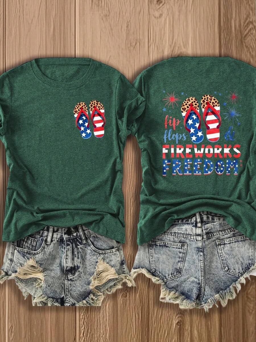 Women's Double Sided Cotton Blend T-Shirt 250th Anniversary Independence Day Gift Patriotic Flip Flops T-Shirt With Fireworks & Freedom Design 4th Of July Outfits For Women Summer Celebrations & Independence Day Events - 綠色 - 查看 1