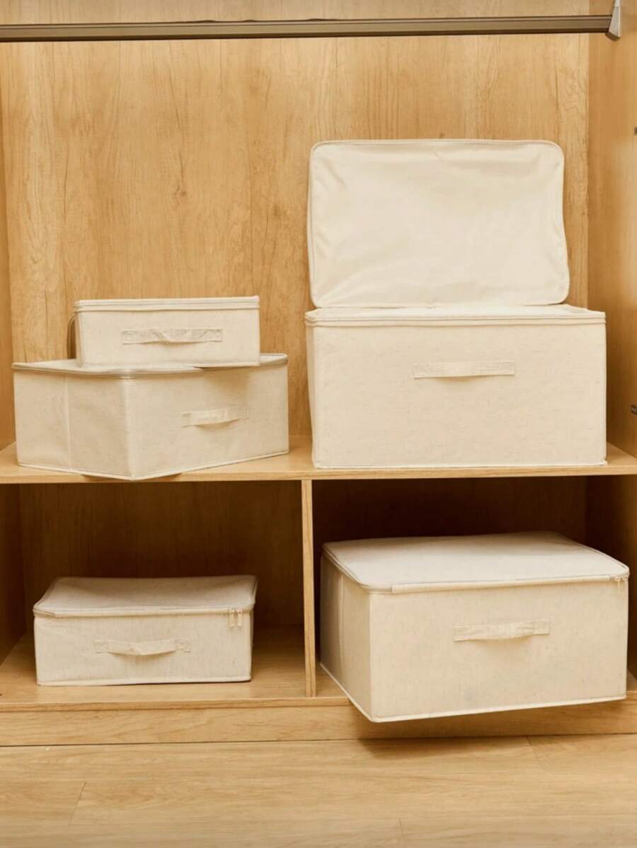 1pc Foldable Fabric Storage Box, Dustproof Wardrobe Organizer Box For Clothes, Blankets And Quilts, With Beige Style Handles, Multi-Compartment Design For Efficient Space Utilization - Beige - View 1