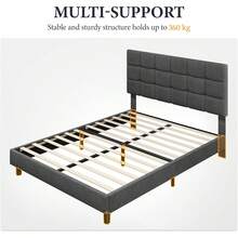 4ft6 Double Upholstered Platform Bed - Adjustable Square Tufted Headboard, Linen Fabric With Sturdy Wooden Slat Support, Beige (No Box Spring Needed) - Dark Grey - View 9
