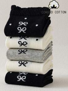 1/3/5 pares de calcetines de media caña con lazo, lunares y encaje, de estilo versátil y suave - Multicolor - Ver 4