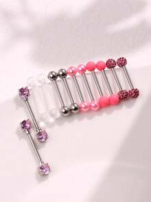 12pcs Fashionable Stainless Steel Ball Nipple Rings & Tongue Rings, Suitable For Daily Wear - 12-piece Set - View 6