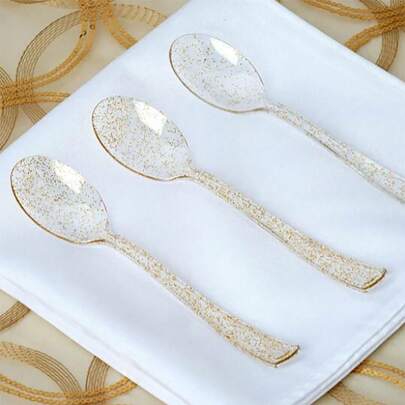 100/75/50/25/1 Stück Set goldene Glitzer Kuchen- & Salatbestecke, wiederverwendbar und waschbar, geeignet für Partys, Outdoor-Events, Familienfeiern, Hochzeiten, Festivals, Kuchen- und Salatbesteck-Set