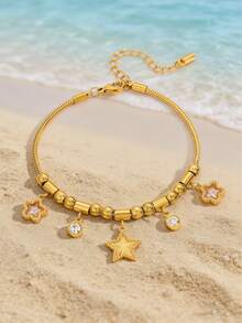 18K镀金粉色水晶吊坠手链，波西米亚风金色夏季海滩度假不锈钢可调节蛇骨链手链 - 金色 - 查看 4