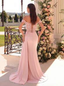 ADYCE Elegant Off-Shoulder Handcrafted Embroidered High-Waist Slit Maxi Dress With Ribbon Tie Waist And Hem, Suitable For Balls, Birthdays, Parties - Baby Pink - View 2