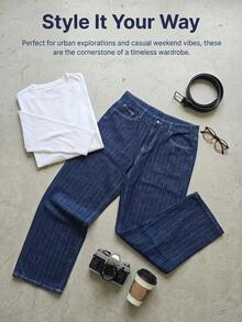 Quần jeans nam dáng suông rộng, kẻ sọc jacquard, thích hợp cho mùa xuân/hè, phong cách công sở thường ngày, thoải mái. - Màu xanh lam - Xem 5