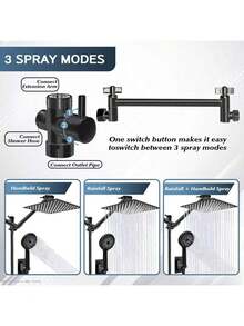 Matte Black/Published Sliver Shower Head Combo,8/10/12" Rain Square Shower Head  With 9 Inch Adjustable Extension Arm And 3 Settings Handheld Spray,150cm Long Hose,Wall-Mounted,Adjustable Height , Home Bathroom Decor ,Shower Accessories - 折疊臂 - 查看 3