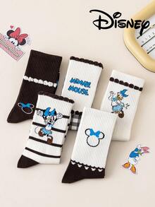 Disney 5双装正品迪士尼女士袜子，刺绣米奇卡通图案，圣诞节和新年礼物袜，可爱卡通人物袜子，趣味新奇女袜 - 彩色 - 查看 3