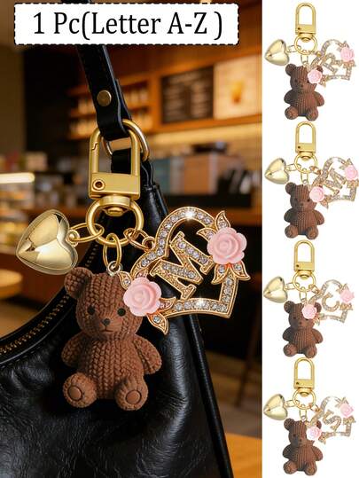 1pc Letter Teddy Bear Keychain, Hollow Heart Flower Letter Design, Cute Bear Pendant Suitable For Handbag, Wallet, Backpack, Travel Bag, Decorative Keychain For Gym, School, Daily Use And Gifts, Fashion Accessory For Women & Girls, Perfect Gift For Christmas, Valentine's Day, Mother's Day, Teacher's Day, Birthday, Back To School