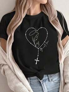 Camiseta espiritual de oración con estilo gráfico único para mujeres creyentes en negro, perfecta para actividades religiosas, disponible en varias tallas. Moda religiosa popular. - Negro - Ver 1