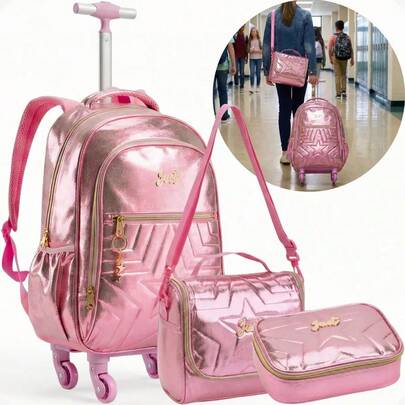 Kit Mochila De Rodinhas + Estojo + Lancheira Just Estrelas Escolar Infantil