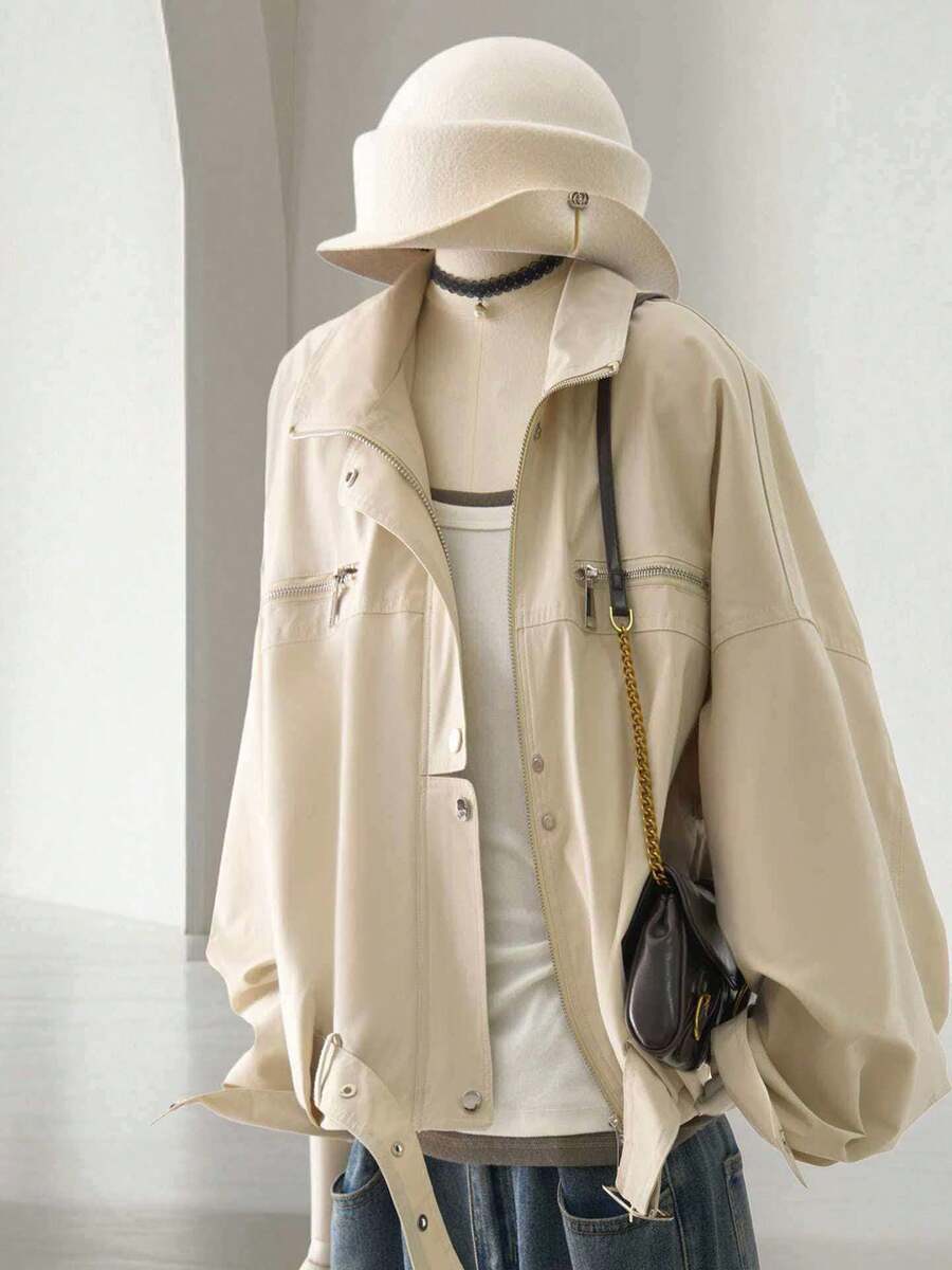 2026复古美式拉链夹克，休闲机车飞行员夹克，宽松版型，春秋季 - 杏色 - 查看 1