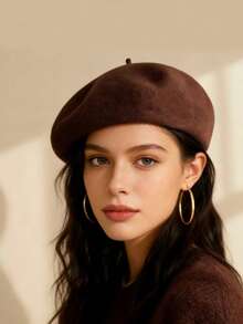 1 buah Topi Beret Klasik Hangat Warna Polos, Topi Seniman Minimalis, Musim Panas, Pantai - Coklat - View 3