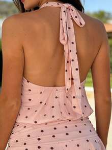 Minivestido sin mangas de lunares para mujer, cuello alto, falda fruncida, corte en A, ideal para fiestas de verano y ocasiones informales. - Rosa - Ver 7
