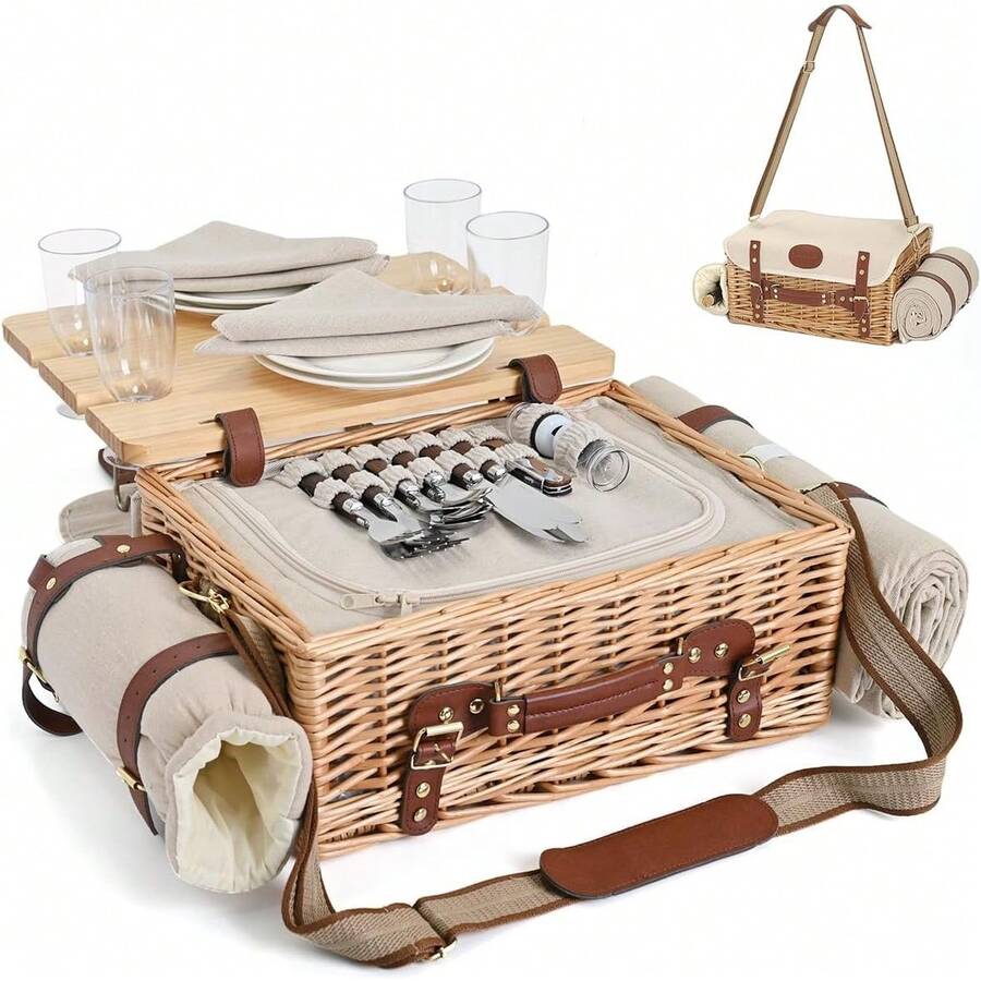 Multifunctional Wicker Picnic Basket Set 4 With Blanket & Picnic Table, Insulated With Complete Tableware, Outdoor Camping & Picnics, Natural - Natural With Blanket & Table for 4 - View 1