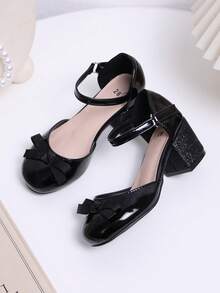 1 Pair Spring/Summer New Children's Bowknot Semi-High Heel Princess Shoes, Please Purchase Based On Insole Length, Buy One Size Larger For Large/Wide Feet - Black - View 3