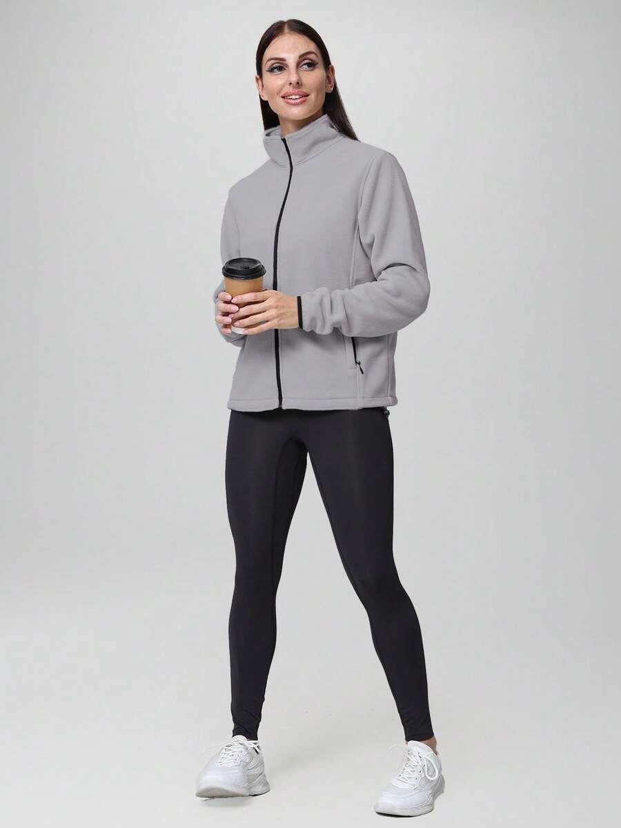 CZRLHYT 女款輕量全拉鍊抓絨外套,附拉鍊口袋,柔軟保暖長袖休閒戶外冬季外套 - 灰色 - 查看 1