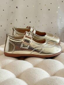 1 Pair 2026 Girls' Metallic Striped Decor Jelly PU Square Toe Mary Jane Single Buckle Flat Luxury Princess Style Shoes, Suitable For Daily School, Summer Outdoor Beach, Children's Day Birthday Photo Shoot And Other Occasions - Gold - View 5