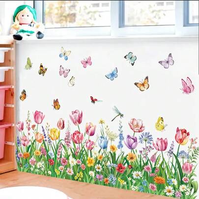 Spring Summer Colorful Flower Pink Tulips Wall Stickers Wildflower Bouquet Butterfly Wall Decals Bathroom Bedroom Home Wall Decor
