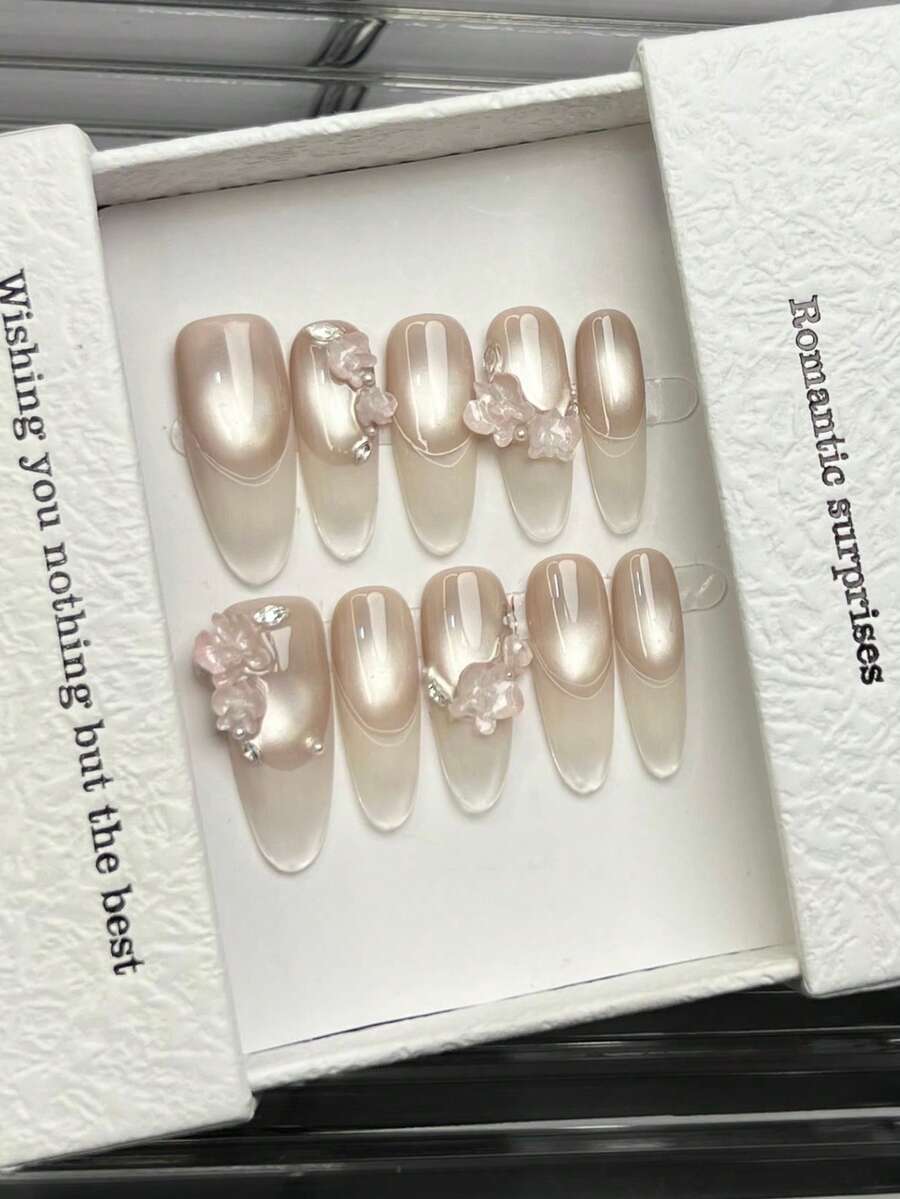 10 móng tay giả thủ công hình oval, móng acrylic dán, độ dài vừa phải, màu hồng nude nhẹ nhàng, móng kiểu Pháp mắt mèo nổi bật, họa tiết hoa 3D chạm khắc không đều được vẽ tay, móng dán mùa hè sang trọng đơn giản thanh lịch, móng mùa xuân đa năng, móng giả tự làm nghệ thuật, sử dụng hàng ngày và dự tiệc, hẹn hò, đi biển, nghỉ dưỡng nhiệt đới, có thể tái sử dụng, thích hợp làm quà tặng cho phụ nữ và bé gái. - Hồng - Xem 1