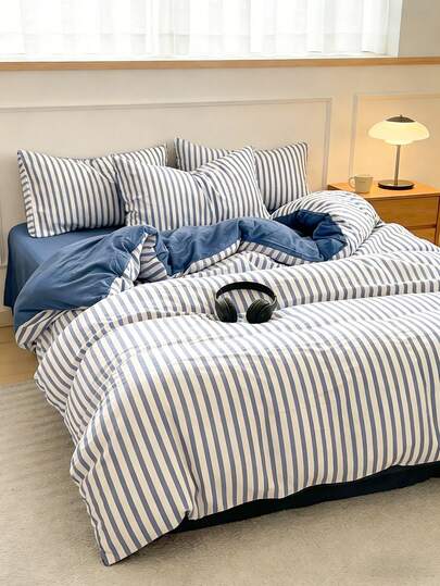 3pcs/Set, Simple Blue & White Striped Korean Style Duvet Cover Set (1 Duvet Cover + 2 Pillowcases, Comforter & Pillow Inserts Not Included), Washed Synthetic Fiber, Full Size, Soft & Comfortable, Suitable For Dorm, Home Bedroom, Hotel, All Seasons, Zipper Closure, Multi-Color Durable, Oversized Bedding Set