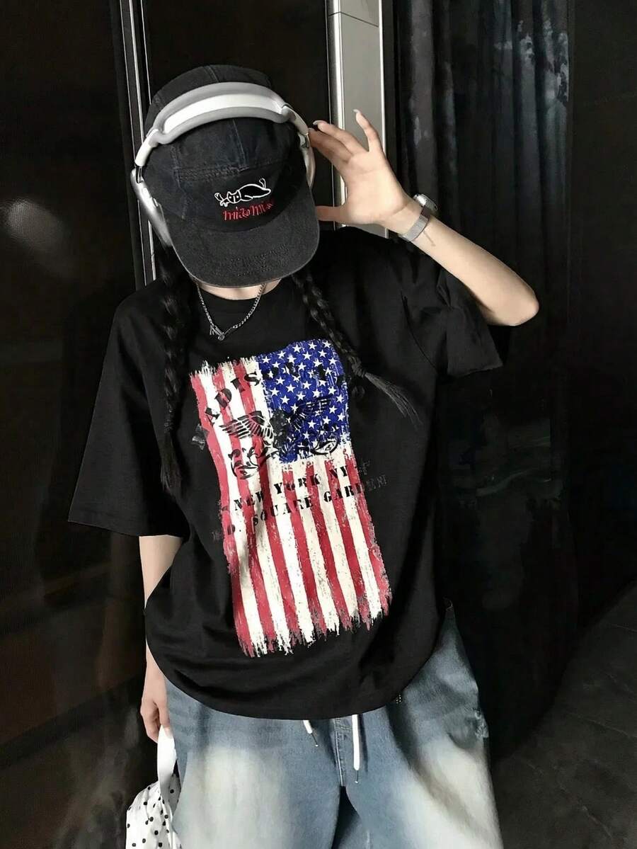 女士夏季新款休闲字母印花圆领纯棉短袖T恤 黑色