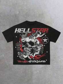 Summer Clothes Printed T-Shirt Cotton Plus Size Men's Clothing, Men's 100% Cotton Graphic Tee, Crew Neck Short Sleeve Casual T-Shirt With HELLSTARs Bold Letter Print, Skull And Angels Graphic, Graphic Streetwear, Comfortable Soft & Breathable For Summer,Daily Wear & Going Out,Regular Fit, Durable Fabric,Ideal Gifts For Men ,Y2K,Oversized Shirt Men S-5XL,Summer Tops Summer Tops - Black - View 1
