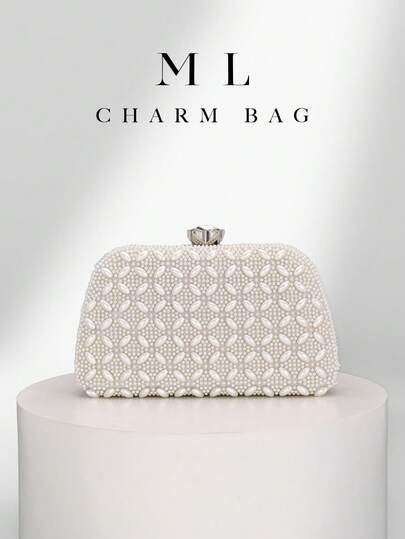 1个优雅仿珍珠盒形包，浪漫婚礼派对钱包，饰以奢华水晶，正式场合单肩包，适合新娘，婚礼手拿包