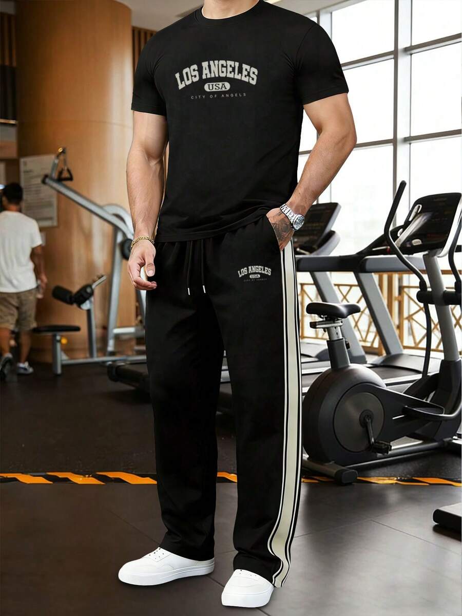 1 Set Men's Casual Outfit, Solid Color Printed Top For Daily Wear, Streetwear Short Sleeve Shirt, Minimalist Outdoor Hiking Sports Pants, Versatile Jogging Trousers, Striped Straight Leg Pants, Spring/Summer Black - Black - View 1
