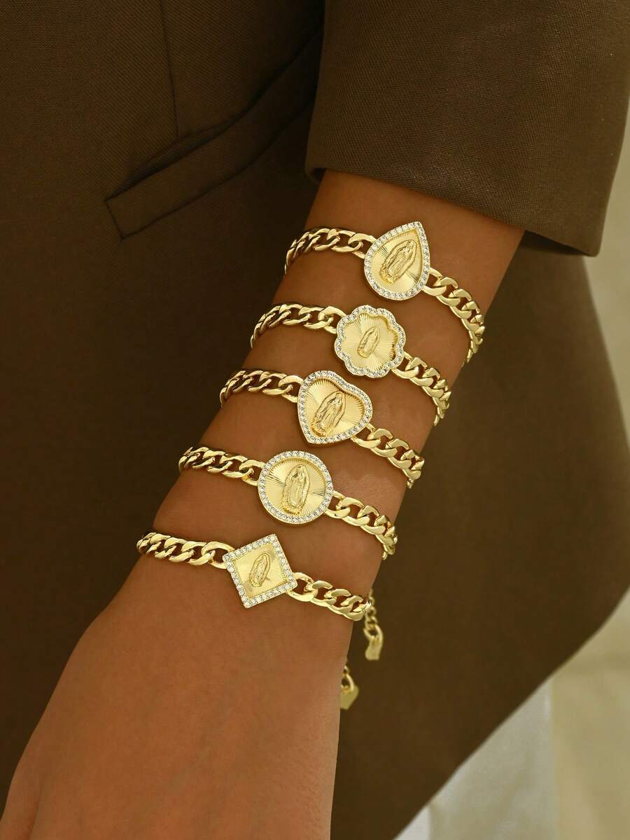 1 pieza Pulsera cubana de retrato de nicho, adecuada para que las mujeres la usen en sesiones de fotos, check-ins, atuendos de noche - Dorado - Ver 1