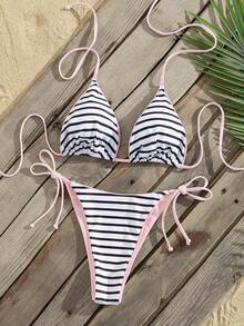 2025夏季度假沙滩豹纹性感吊带系带比基尼套装 - 粉紅白條 - 查看 2