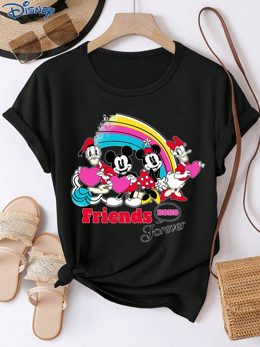 Disney 一件女士短袖T恤，米妮图案印花，圆领，略带弹性，易打理面料，适合日常穿着，时尚女士短袖T恤，休闲服饰 - 黑色 - 查看 1