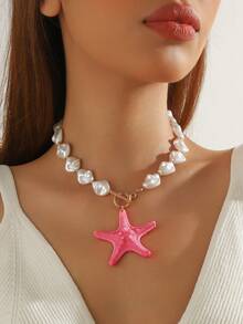 1件波西米亚风ABS塑料串珠珍珠树脂海星吊坠项链，配OT扣，可作礼物或日常佩戴 - 樹脂海星珍珠項鍊 - 查看 10