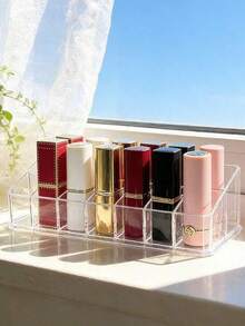 1pc 12-Grid Lipstick Holder Organizer Display Stand, Makeup Cosmetic Storage Box For Vanity Tabletop - Clear - View 7