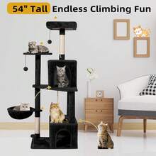 Cat Tree 54-Inch Cat Tower With Padded Plush Perch 2 Comfy Caves, Scratching Posts, Basket, 2 Pompoms, Multi-Level Plush Cat Condo For Indoor Cats Kittens, Black - Black - View 6