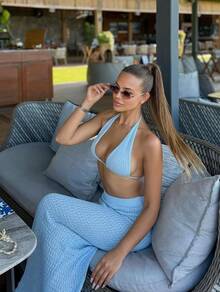 Bộ đồ hai mảnh dệt kim tối giản thanh lịch dành cho nữ, phong cách giản dị nhưng sang trọng, thích hợp cho mùa xuân/hè. - Màu xanh lam - Xem 5